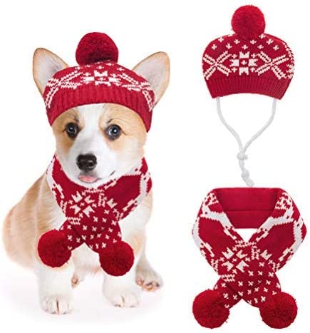 Ev Pet Supplies - Christmas Dog Costumes Hat Scarf Set Knit Snowflake Print