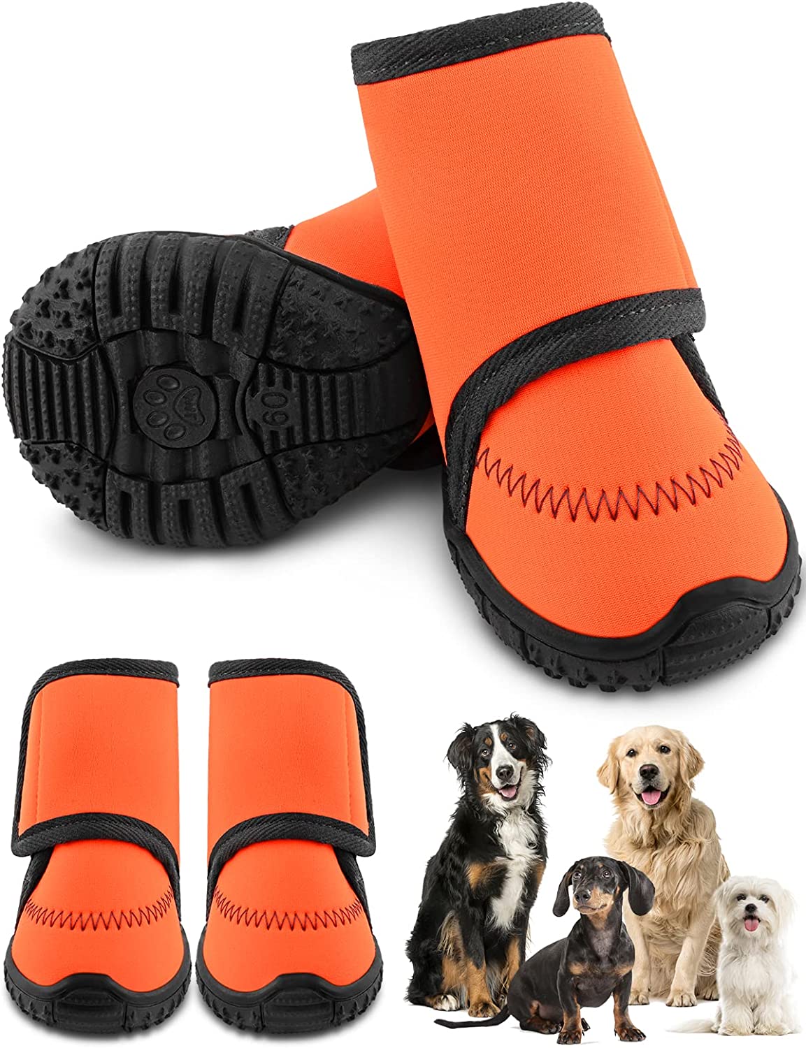 Ev Pet Supplies - Waterproof Dog Shoes Fluorescent Orange Dog Boots Adjustable Straps and Rugged Anti-Slip Sole Paw Protectors