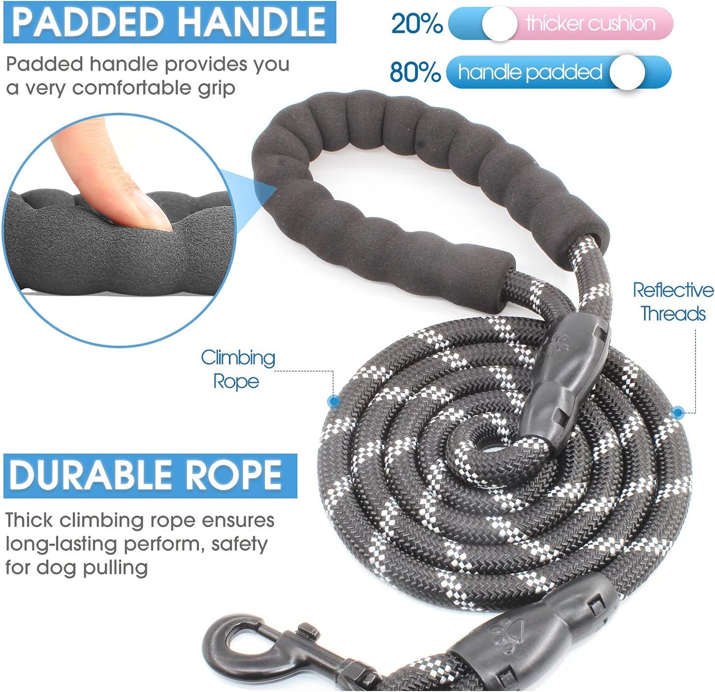 Ev Pet Supplies - High Quality Dog Leash with Comfortable Padded Handle and Highly Reflective Threads