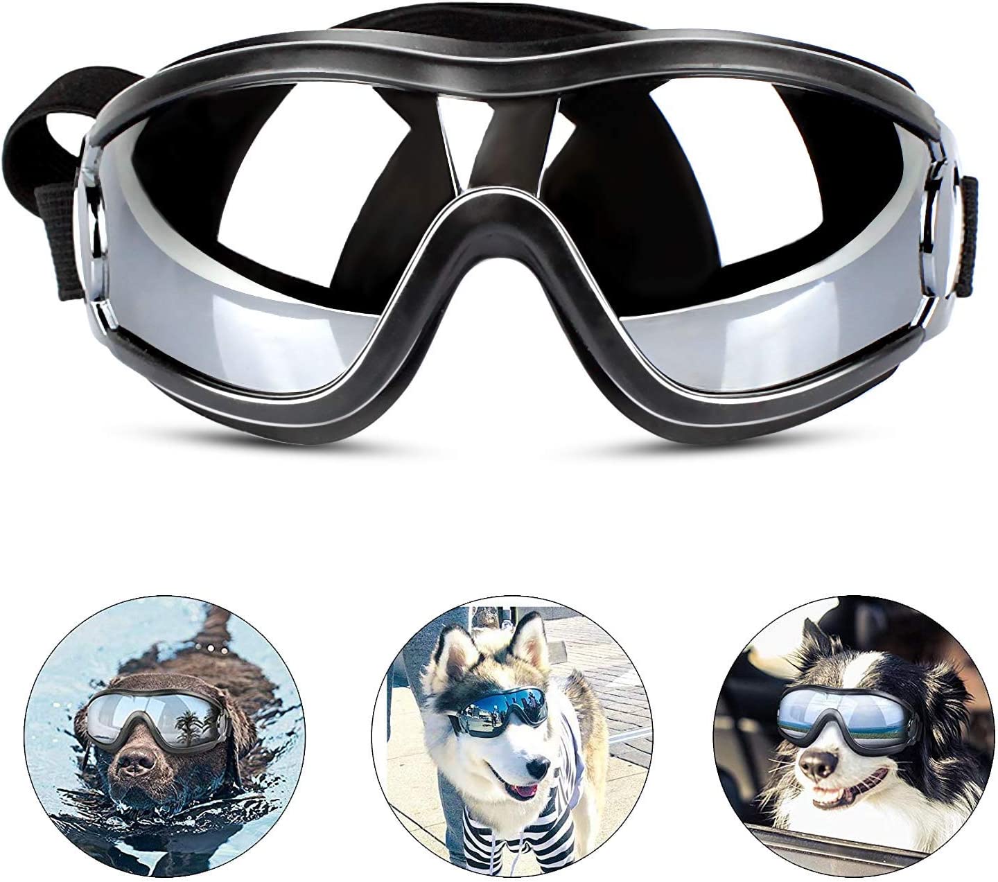 Ev Pet Supplies - Dog Goggles Adjustable Strap for Travel Skiing and Anti-Fog