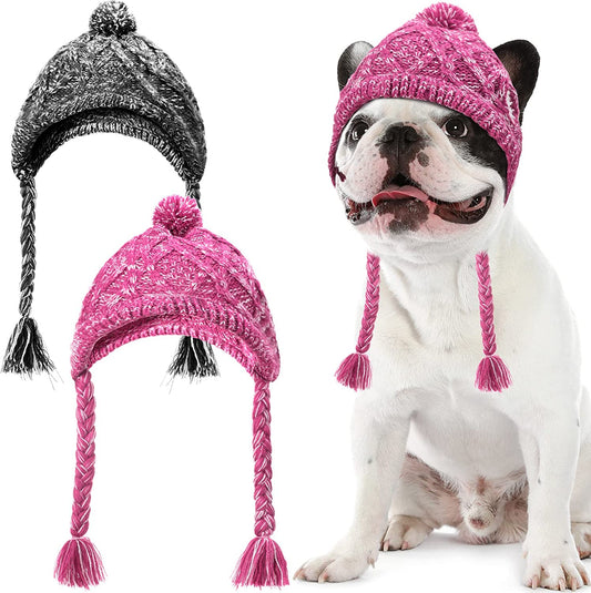 Ev Pet Supplies - 2 Pieces Warm Pom Hat Party Knit Dog Beanie Puppy Dog Cap with Ear Holes Pet Knitted Snood Headwear for Christmas