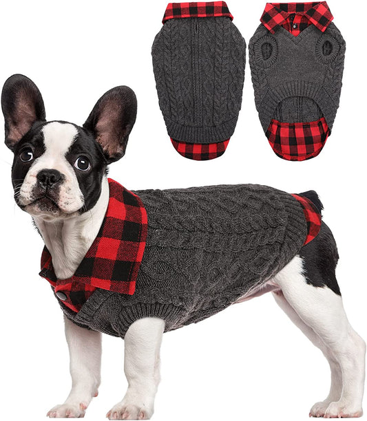 Ev Pet Supplies - Plaid Patchwork Dog Knitwear Vest for Fall Winter, Pullover Cozy Dog Clothes Pet Cold Weather Coat Warm Apparel