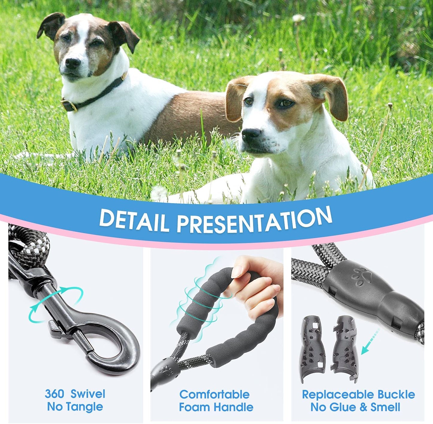 Ev Pet Supplies - High Quality Dog Leash with Comfortable Padded Handle and Highly Reflective Threads