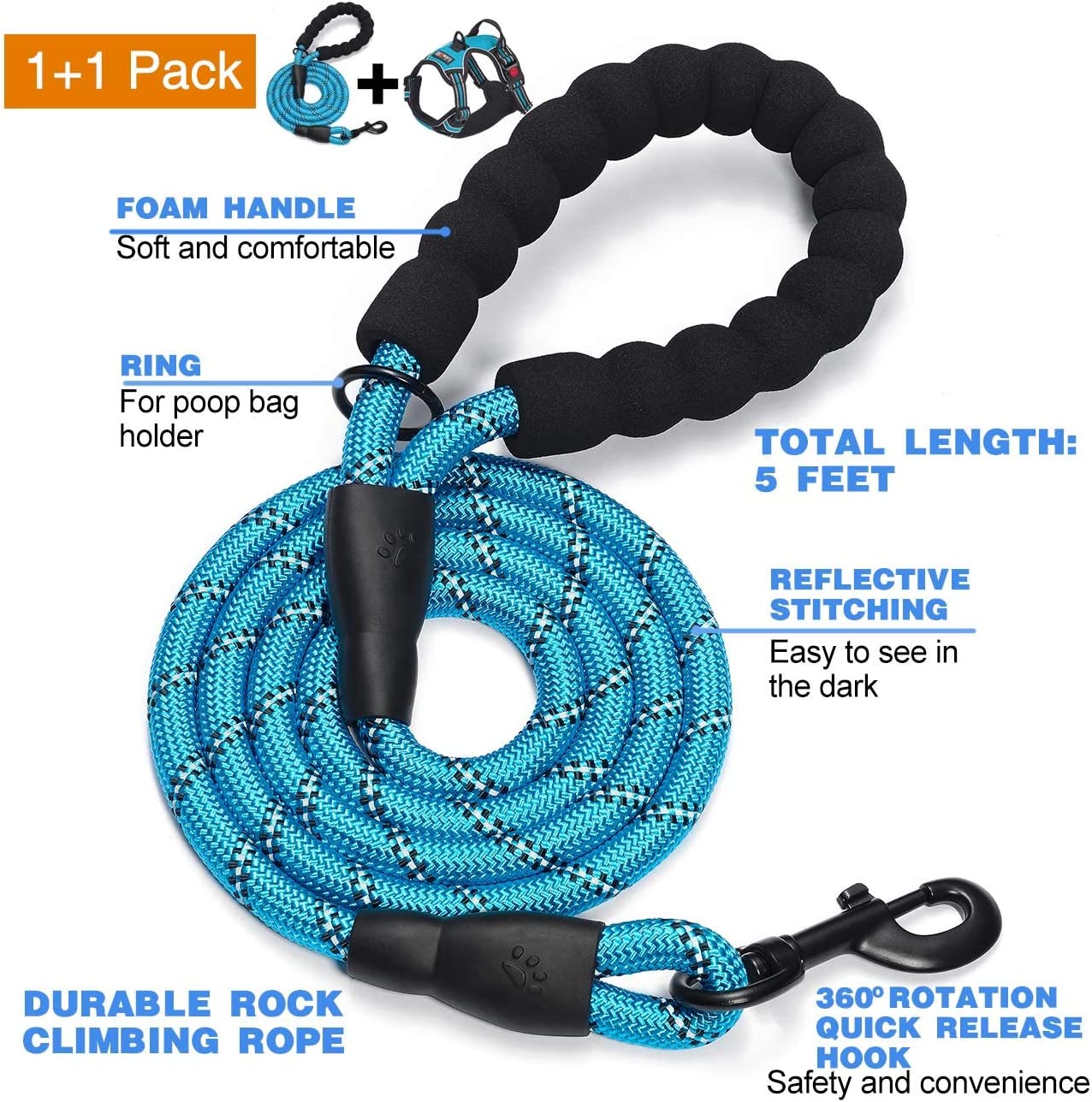 Ev Pet Supplies - Free Heavy Duty 5ft Dog Leash No Pull Dog Harness Adjustable Reflective Oxford Easy Control Medium Large Dog Harness with A